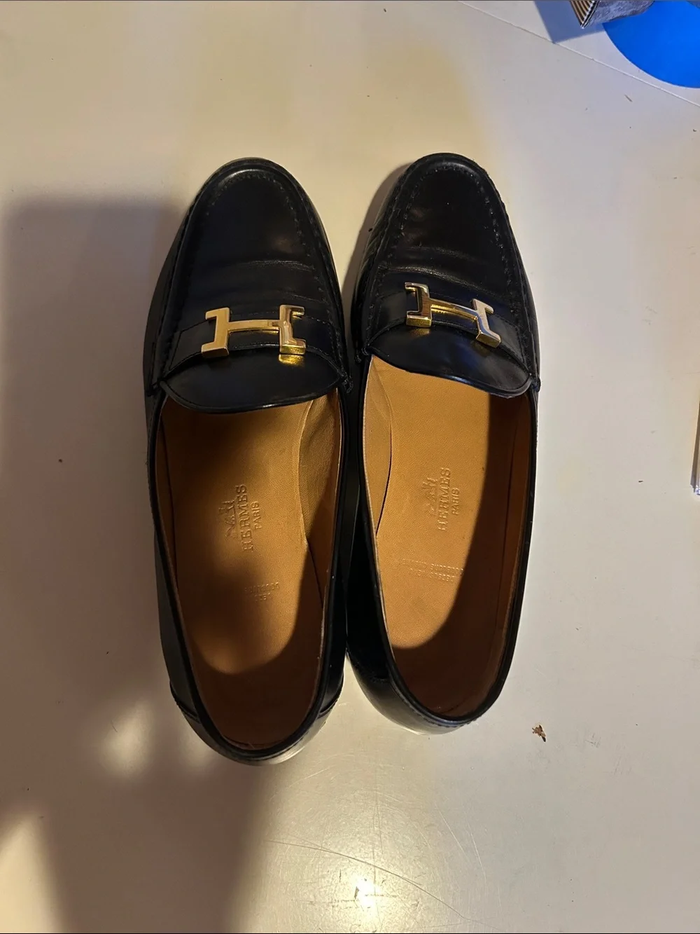 Hermes Black Leather Loafers with Gold H-Bit